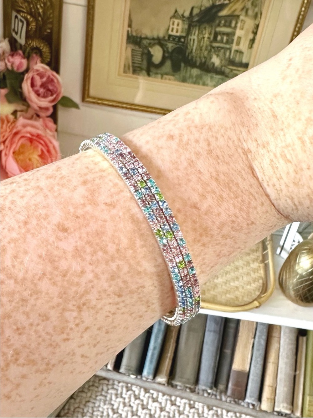 Set of 3 angle bracelets, multi-colored rhinestones in silver-tone settings - Picture 2 of 4